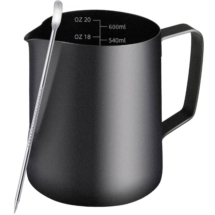 Set latiera pentru spumare lapte cu gradatie si stilou pentru decorare 600 ml negru