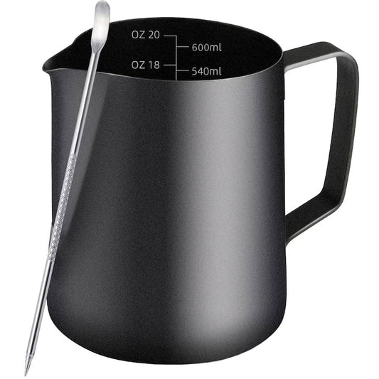 Set latiera pentru spumare lapte cu gradatie si stilou pentru decorare 600 ml negru